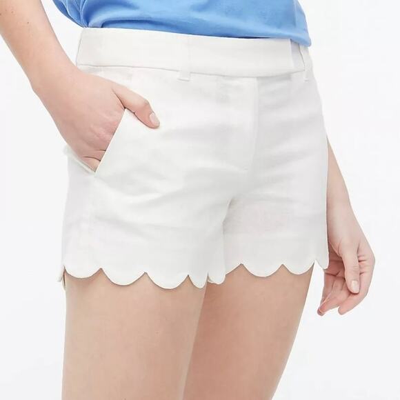 NWT J. Crew Scalloped Linen Blend White Flat Front Preppy Coastal Shorts Size 4 - Picture 1 of 12